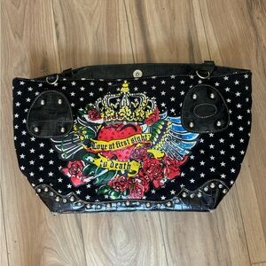 Vintage Y2K 2000’s tattoo heart animal star print shoulder purse with rhinstones